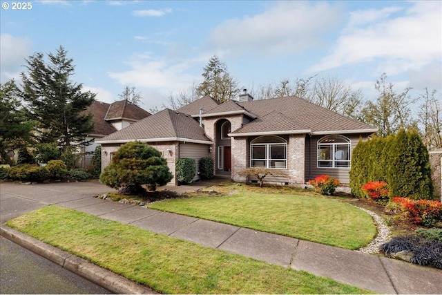 ranch-style house with a garage and a front lawn