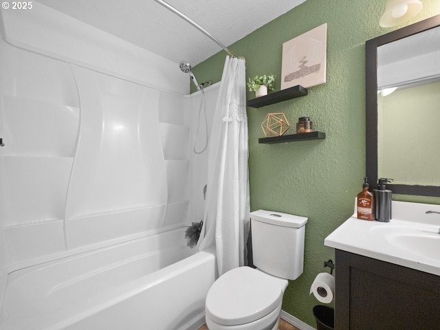 1408 25th St, La Grande, OR 97850 - bathroom with toilet, a textured wall, shower / bath combination with curtain, and vanity
