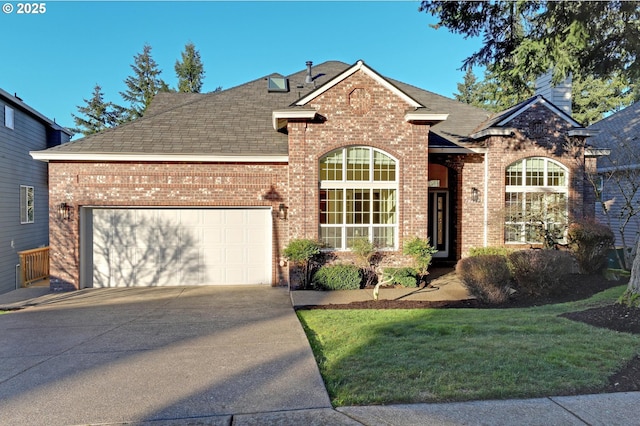 view of front facade featuring a garage and a front lawn