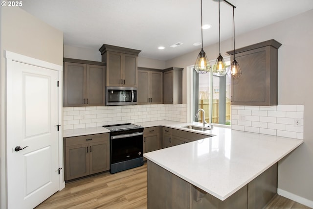 kitchen with a sink, stainless steel microwave, a peninsula, light wood-style flooring, and electric range