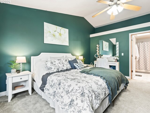 37388 SE Olson St, Sandy, OR 97055 - carpeted bedroom with vaulted ceiling, ceiling fan, connected bathroom, and baseboards