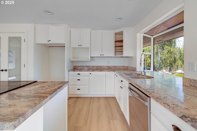 6195 Pear Tree Ln SE, Salem, OR 97317 - kitchen with dishwasher, light wood-style flooring, light stone countertops, white cabinets, and open shelves