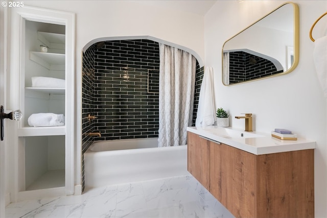 4004 N Montana Ave, Portland, OR 97227 - full bath featuring vanity, marble look tile flooring, and shower / bathtub combination with curtain