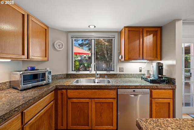 16165 NW Blueridge Dr, Beaverton, OR 97006 - kitchen featuring dishwasher, tile countertops, and brown cabinets
