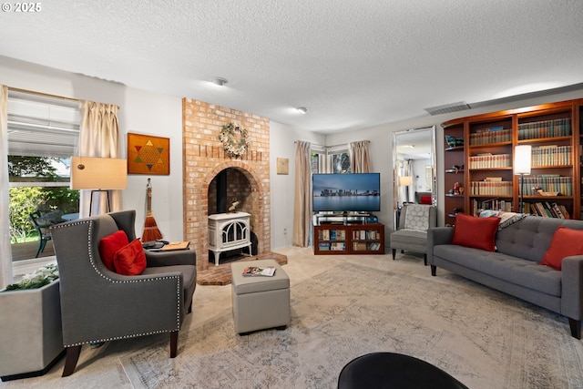 16165 NW Blueridge Dr, Beaverton, OR 97006 - carpeted living room with a textured ceiling and a wood stove
