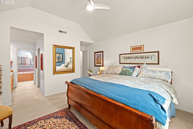 16165 NW Blueridge Dr, Beaverton, OR 97006 - bedroom featuring light colored carpet, vaulted ceiling, and a ceiling fan