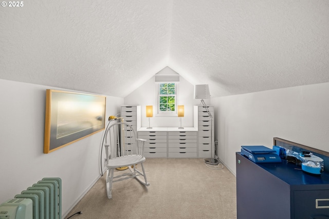 16165 NW Blueridge Dr, Beaverton, OR 97006 - office space featuring a textured ceiling, carpet flooring, vaulted ceiling, and radiator heating unit
