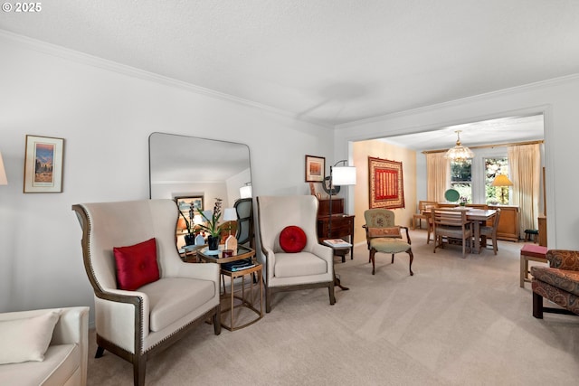16165 NW Blueridge Dr, Beaverton, OR 97006 - sitting room with ornamental molding, light carpet, and a chandelier