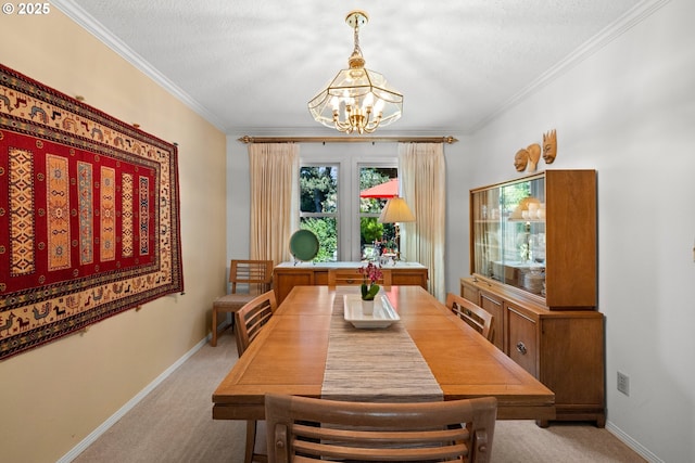 16165 NW Blueridge Dr, Beaverton, OR 97006 - dining room with a chandelier, light carpet, crown molding, and a textured ceiling