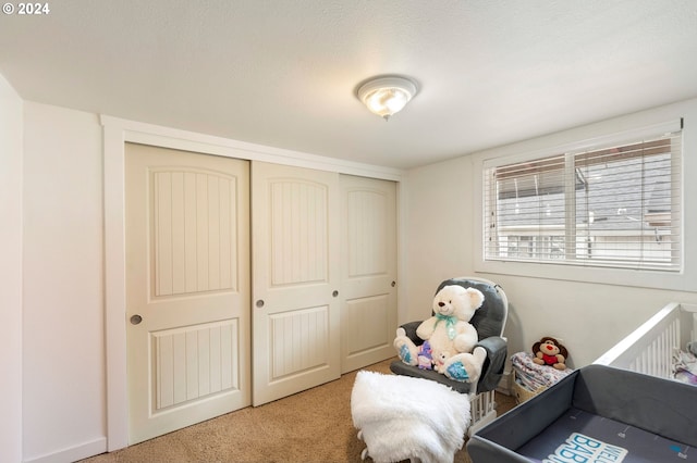 carpeted bedroom featuring a nursery area and a closet