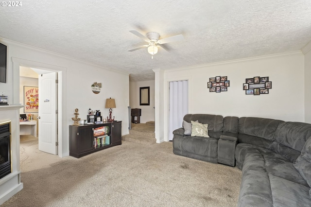 carpeted living room with ceiling fan, a textured ceiling, and crown molding