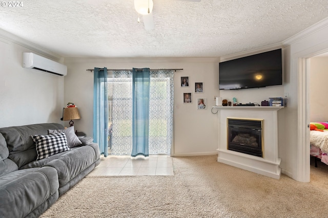 living room with light carpet, a textured ceiling, ornamental molding, and a wall unit AC