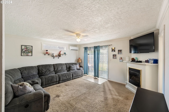 living room featuring carpet floors, ceiling fan, ornamental molding, and a wall unit AC