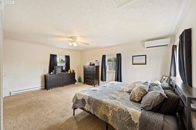 bedroom with ceiling fan, light colored carpet, a baseboard heating unit, an AC wall unit, and a textured ceiling