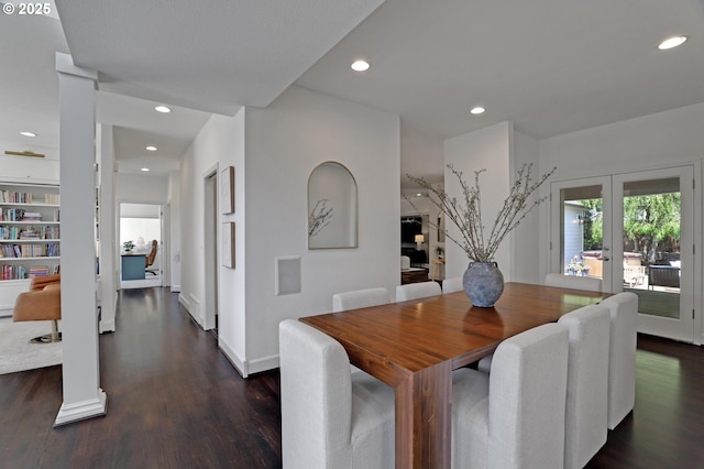 dining area featuring french doors, dark wood finished floors, recessed lighting, and baseboards