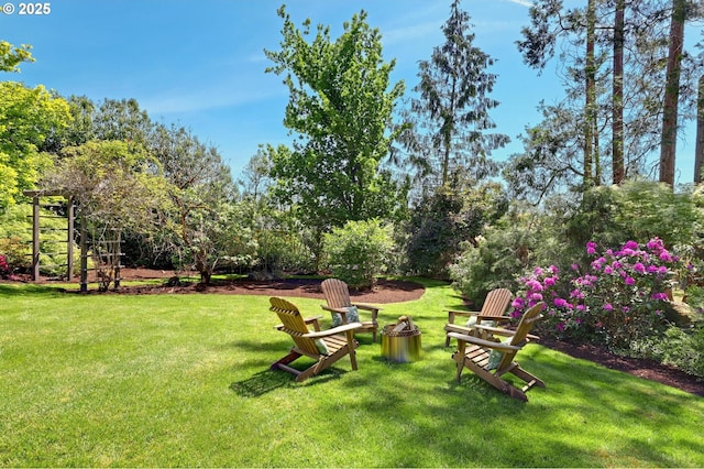 view of grassy yard featuring a fire pit