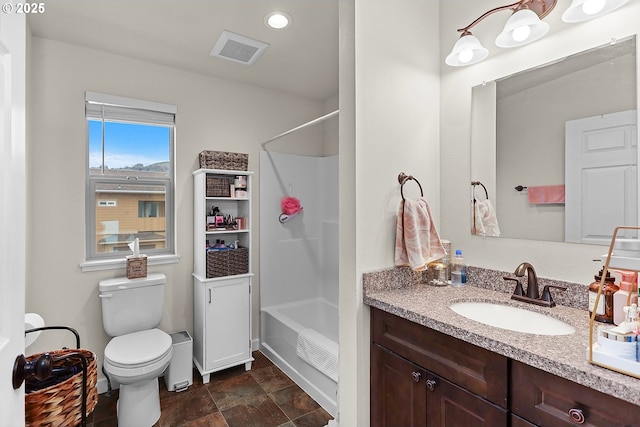 full bathroom featuring toilet, shower / bath combination, visible vents, and vanity