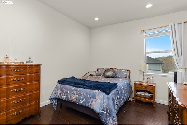 bedroom featuring dark wood-style floors, recessed lighting, and baseboards