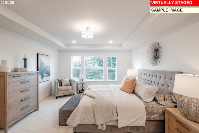 22987 Bland Cir, West Linn, OR 97068 - bedroom featuring light carpet, a tray ceiling, recessed lighting, and baseboards