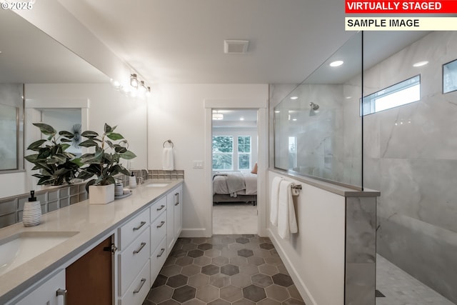22987 Bland Cir, West Linn, OR 97068 - bathroom featuring healthy amount of natural light, connected bathroom, tile patterned floors, a walk in shower, and recessed lighting