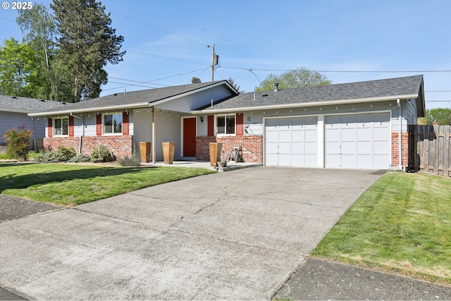 ranch-style home featuring brick siding, an attached garage, concrete driveway, and a shingled roof