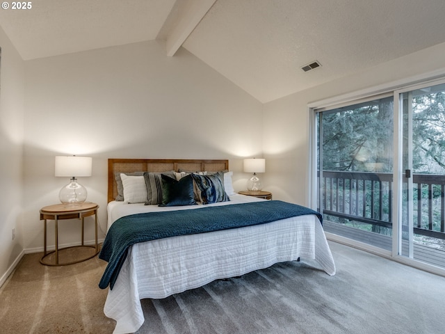 bedroom with carpet flooring, access to exterior, and lofted ceiling with beams