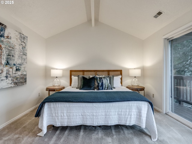 carpeted bedroom featuring vaulted ceiling with beams