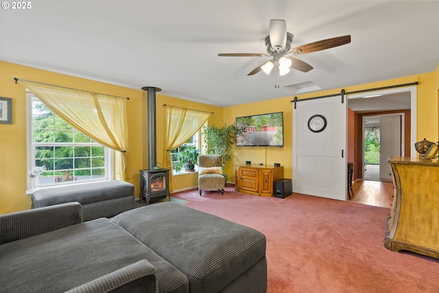 living area featuring a wood stove, a barn door, healthy amount of natural light, and carpet