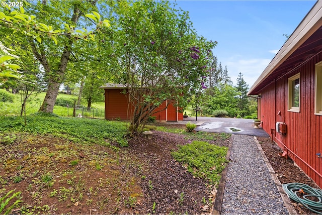 view of yard featuring a patio and an outdoor structure