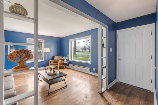 foyer with plenty of natural light, a baseboard radiator, dark wood finished floors, and baseboards