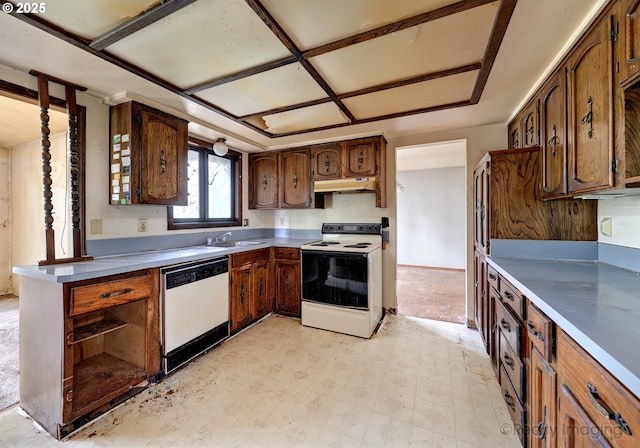 14251 Caufield Rd, Oregon City, OR 97045 - kitchen featuring white appliances, under cabinet range hood, a sink, light floors, and open shelves