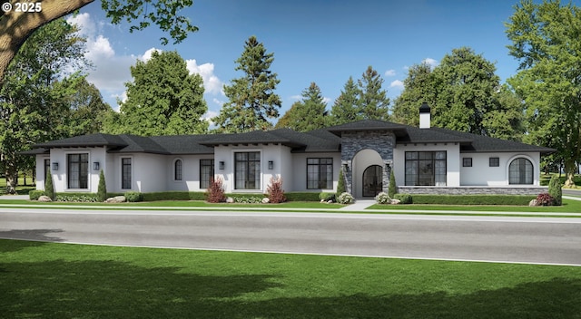 5616 NW 146th Cir Lot 1, Vancouver, WA 98685 - view of front facade with stone siding, a chimney, a front yard, and stucco siding