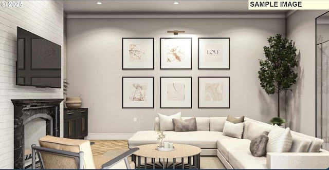 5616 NW 146th Cir Lot 1, Vancouver, WA 98685 - living area with recessed lighting, a fireplace, and crown molding