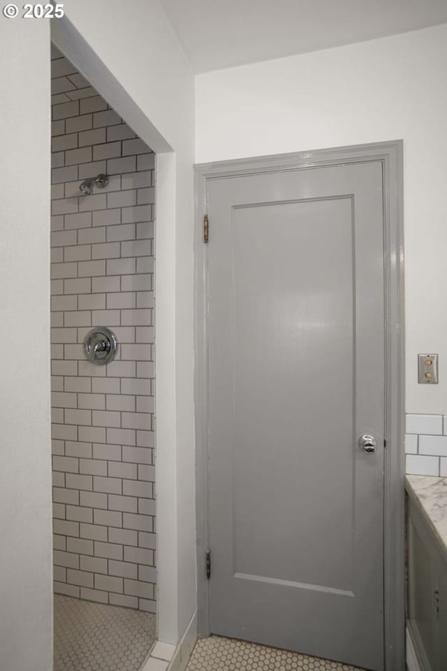 7414 N Chautauqua Blvd, Portland, OR 97217 - bathroom featuring a stall shower, tile patterned flooring, and vanity