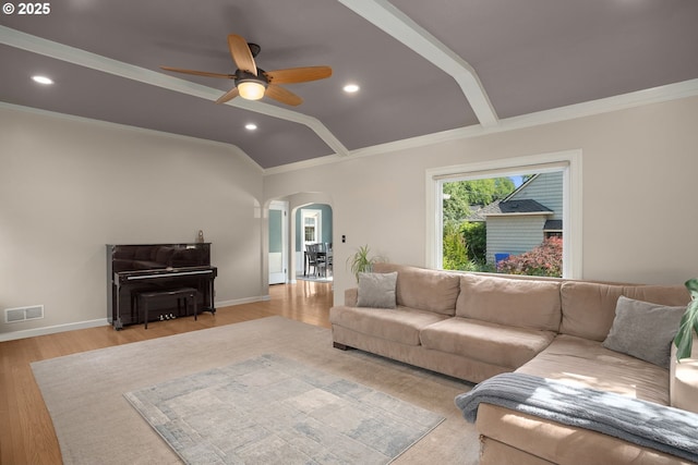 7414 N Chautauqua Blvd, Portland, OR 97217 - living room featuring arched walkways, ceiling fan, ornamental molding, recessed lighting, and vaulted ceiling
