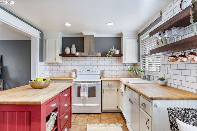 kitchen featuring open shelves, a sink, white appliances, wall chimney range hood, and wooden counters