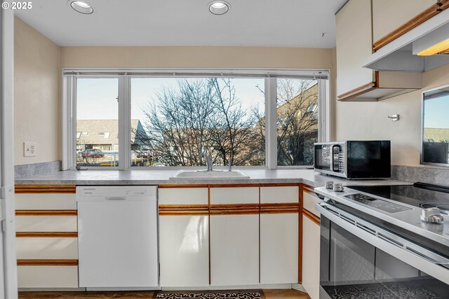 kitchen featuring a sink, light countertops, under cabinet range hood, appliances with stainless steel finishes, and white cabinetry