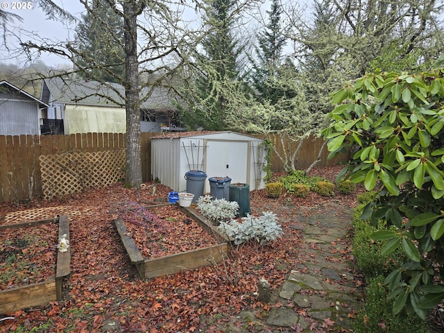 view of yard featuring a storage shed