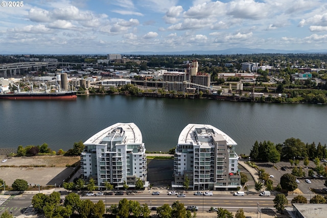 drone / aerial view featuring a water view