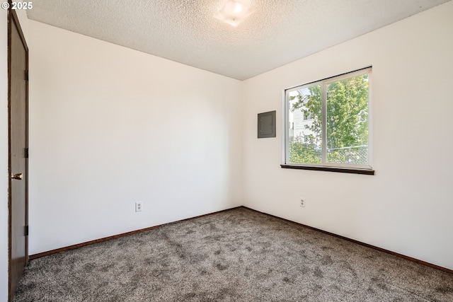 carpeted spare room featuring electric panel, a textured ceiling, and baseboards