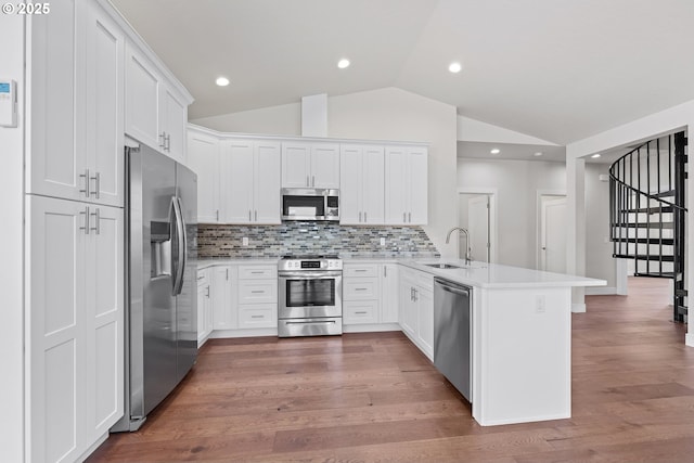 30403 Sawyer Way, Gold Beach, OR 97444 - kitchen featuring appliances with stainless steel finishes, a sink, a peninsula, lofted ceiling, and backsplash