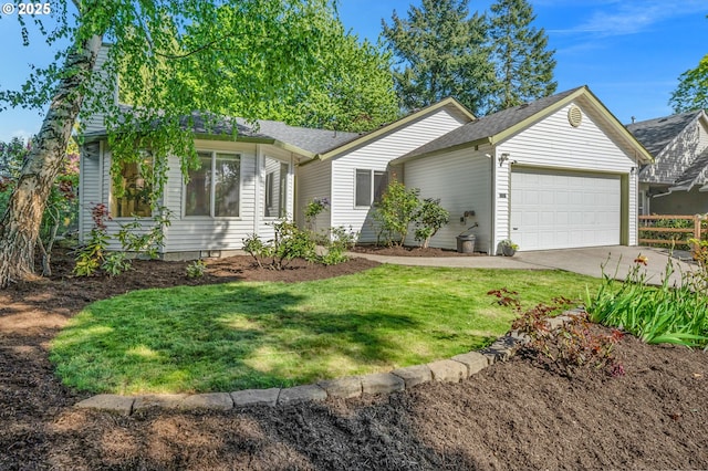 ranch-style house featuring concrete driveway, an attached garage, roof with shingles, and a front lawn