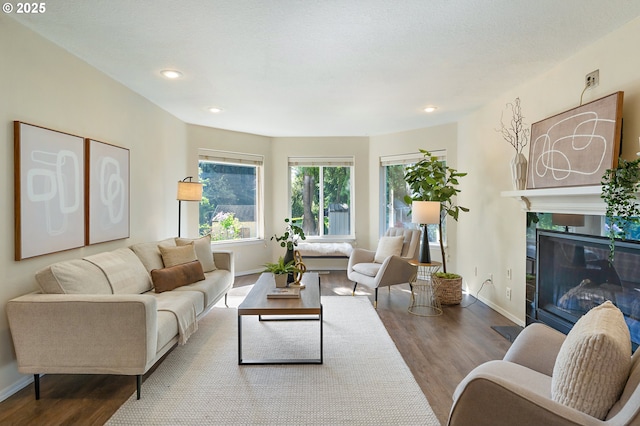 living room with baseboards, a glass covered fireplace, and wood finished floors