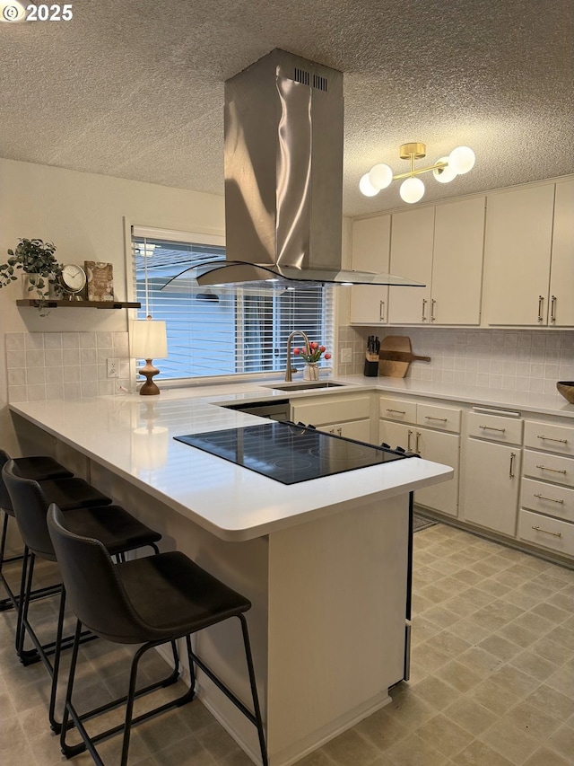 kitchen with a peninsula, a sink, island exhaust hood, and decorative backsplash