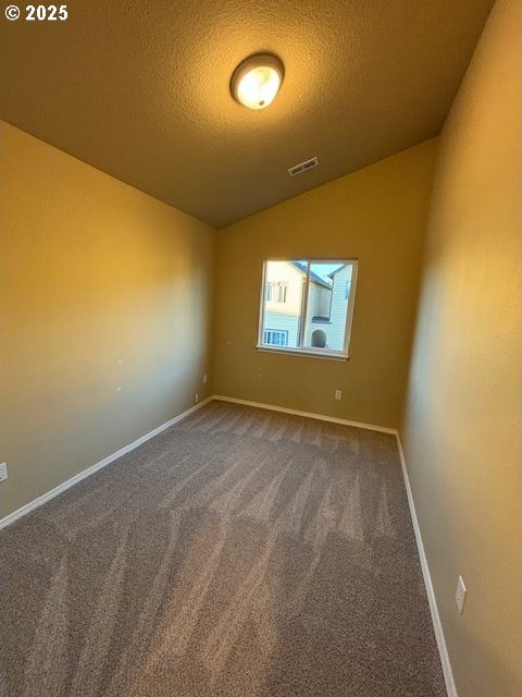 unfurnished room with carpet, a textured ceiling, and vaulted ceiling