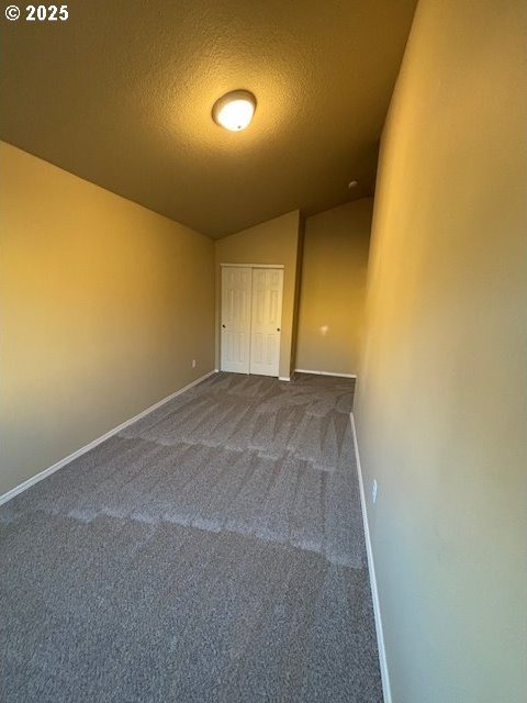 carpeted empty room with a textured ceiling and vaulted ceiling