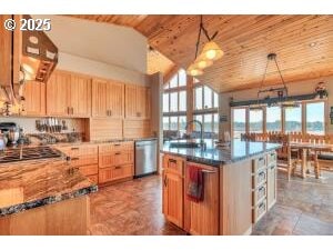 52995 Riverview Dr, La Pine, OR 97739 - kitchen with appliances with stainless steel finishes, wood ceiling, lofted ceiling, decorative light fixtures, and a center island