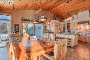 dining space with lofted ceiling, wood ceiling, and plenty of natural light