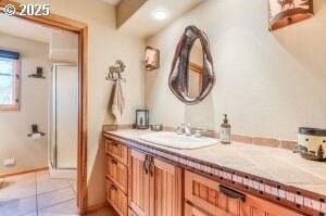 bathroom featuring a stall shower, vanity, and tile patterned floors