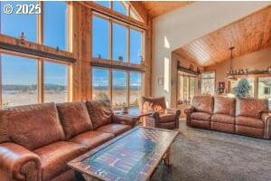 52995 Riverview Dr, La Pine, OR 97739 - living area with high vaulted ceiling, wood ceiling, and carpet floors